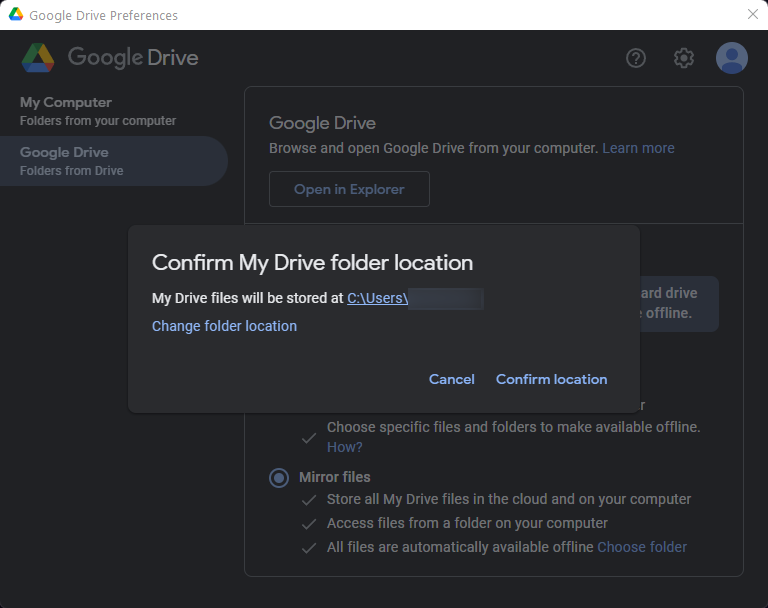 Change the default folder location to mirror Google Drive