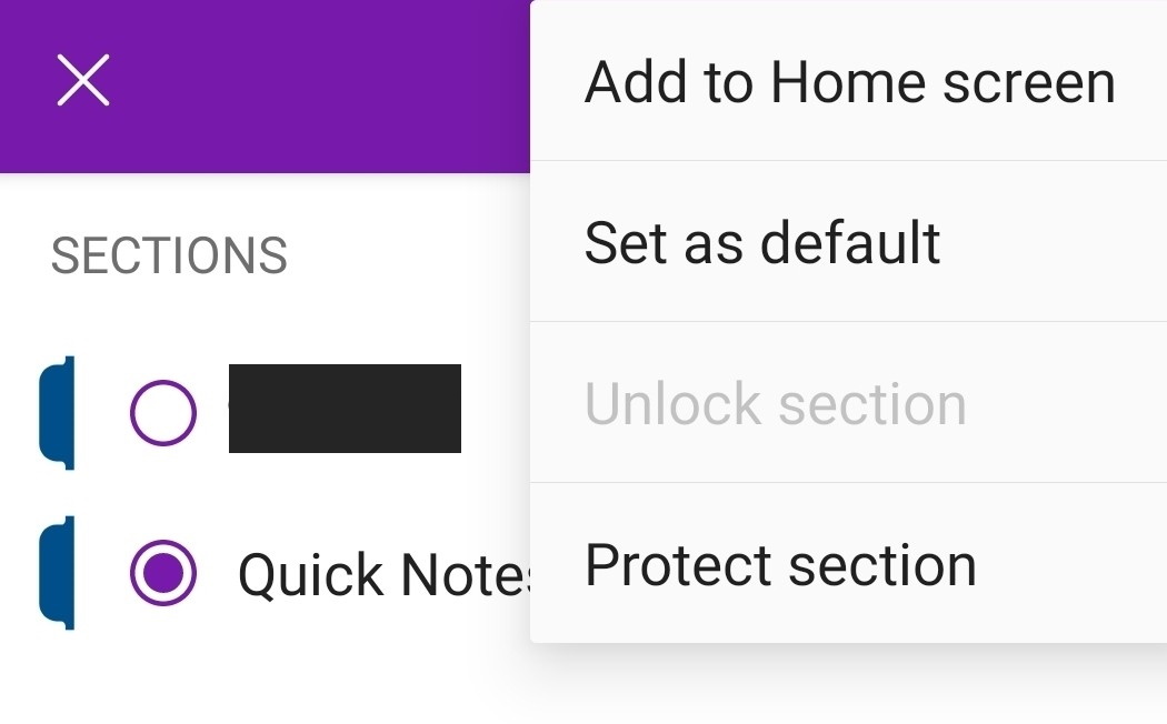Quick Notes selection on the OneNote Android app