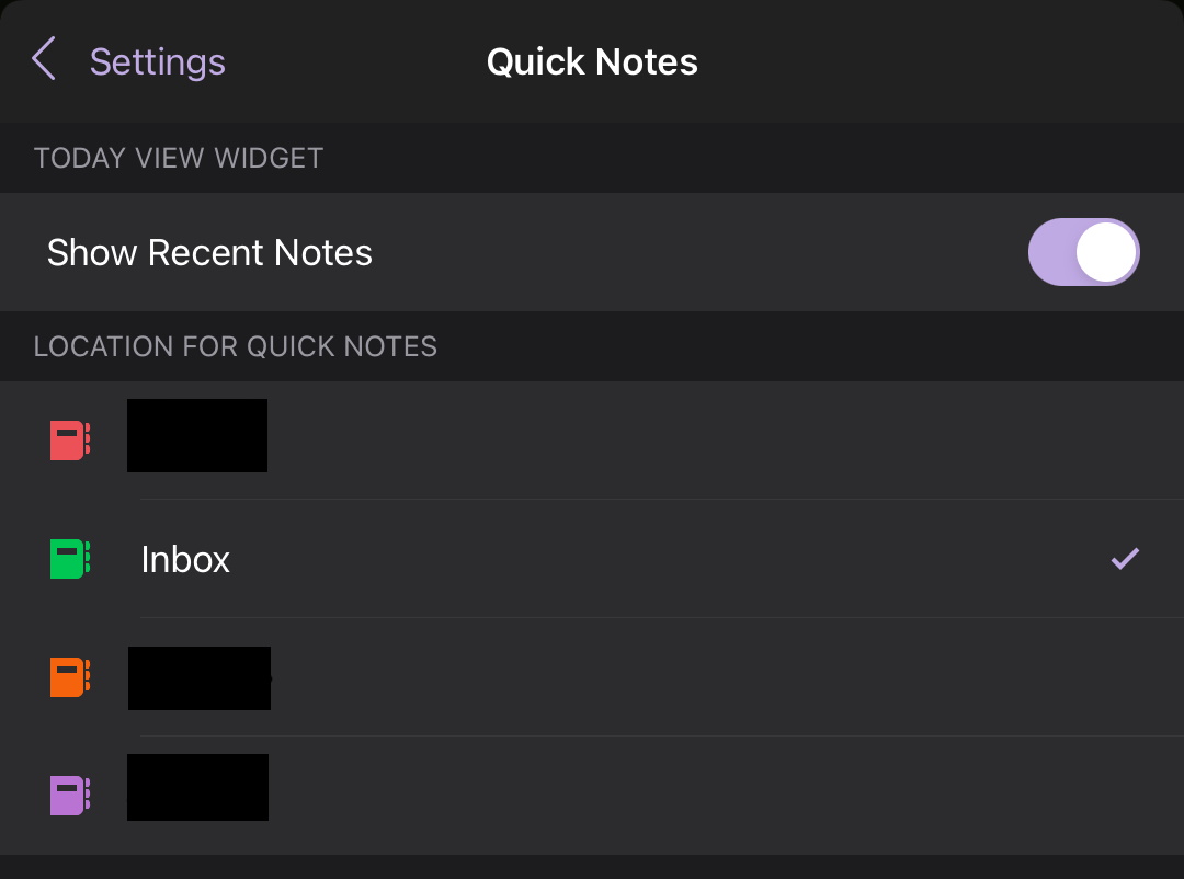 Quick Notes selection on the OneNote iOS app. Inbox is the notebook containing the Quick Notes section.