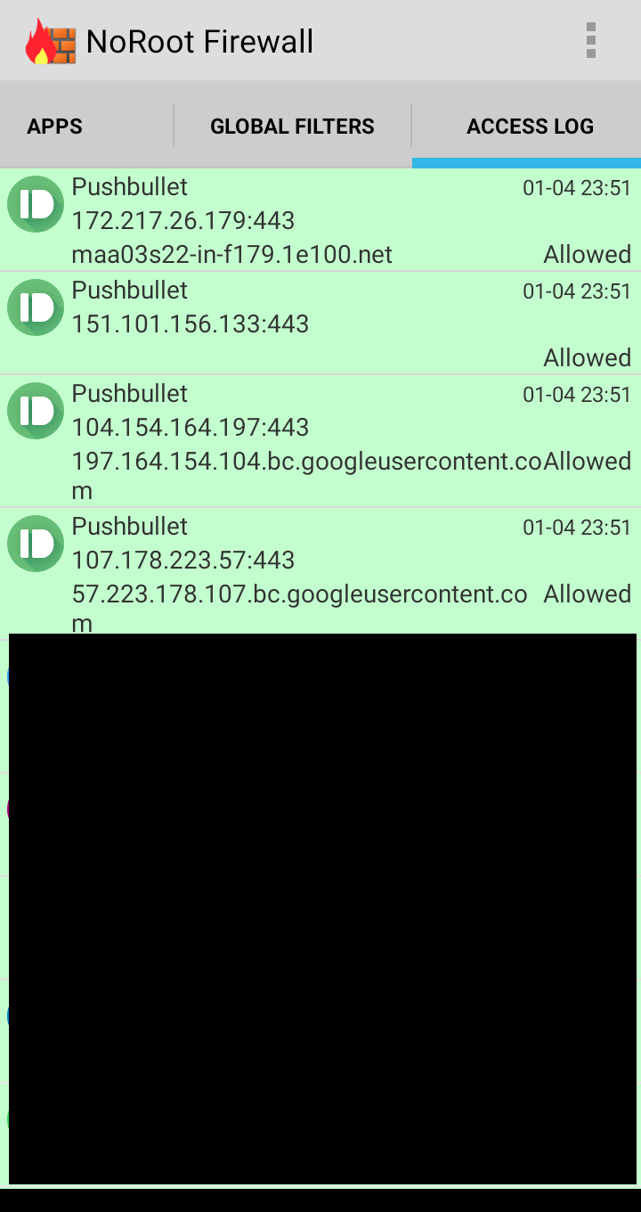 Screenshot of URL log on NoRootFirewall app