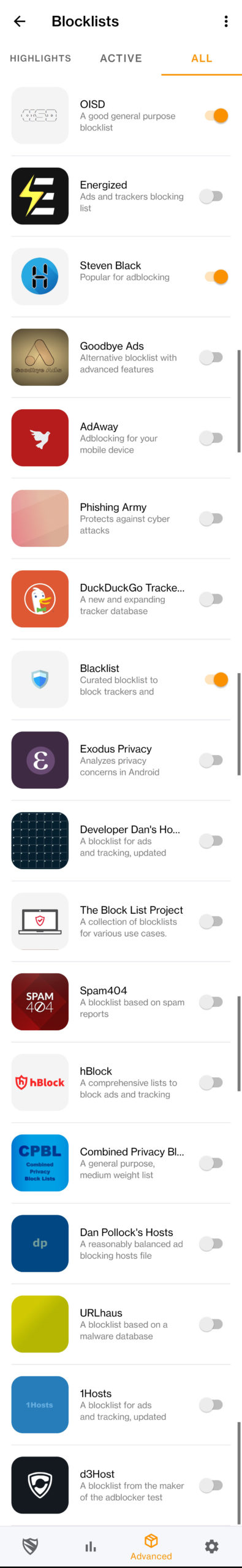 Screenshot of Blokada hosts lists options