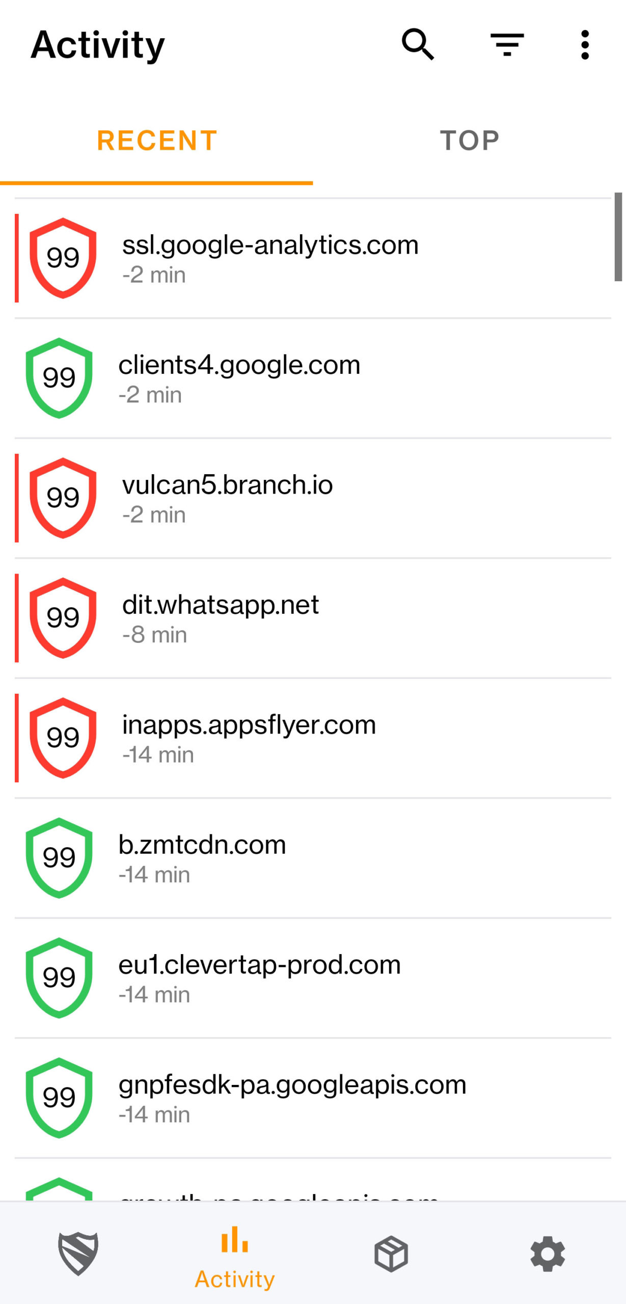 Screenshot of Blokada's traffic log