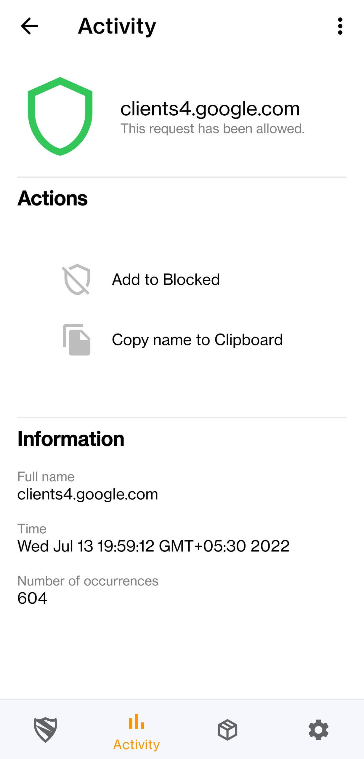 Screenshot of blocking options for a specific URL in Blokada