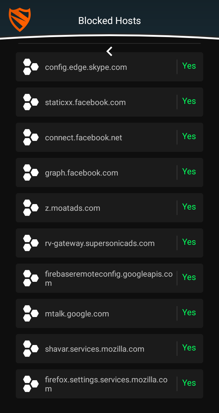 Screenshot of blocklist in Blokada app