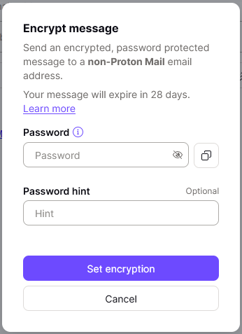 Screenshot of Set Password screen for sending encrypted mails