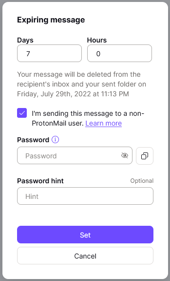 Screenshot of Expiring Message screen in Proton Mail