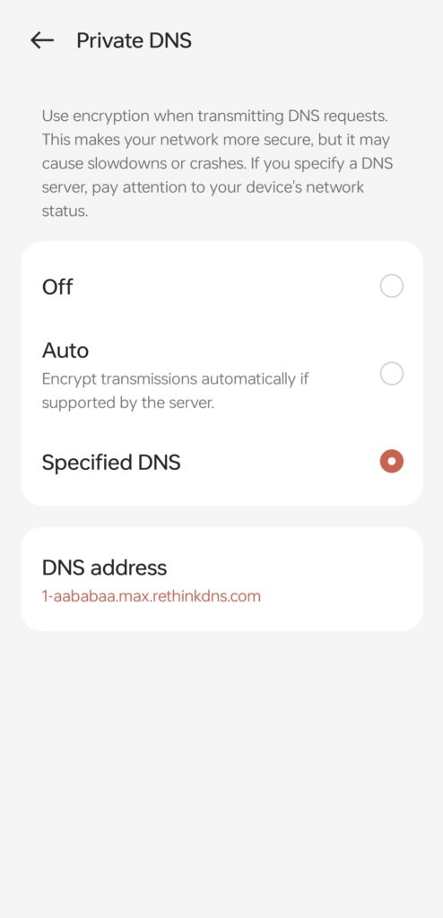 Screenshot of Private DNS configuration setting in Android