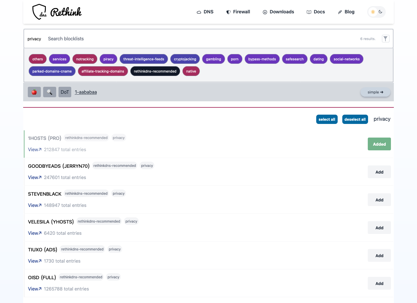 Screenshot of RethinkDNS blocklist selection