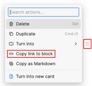 Screenshot of Heptabase showing how to copy a link to a block of text